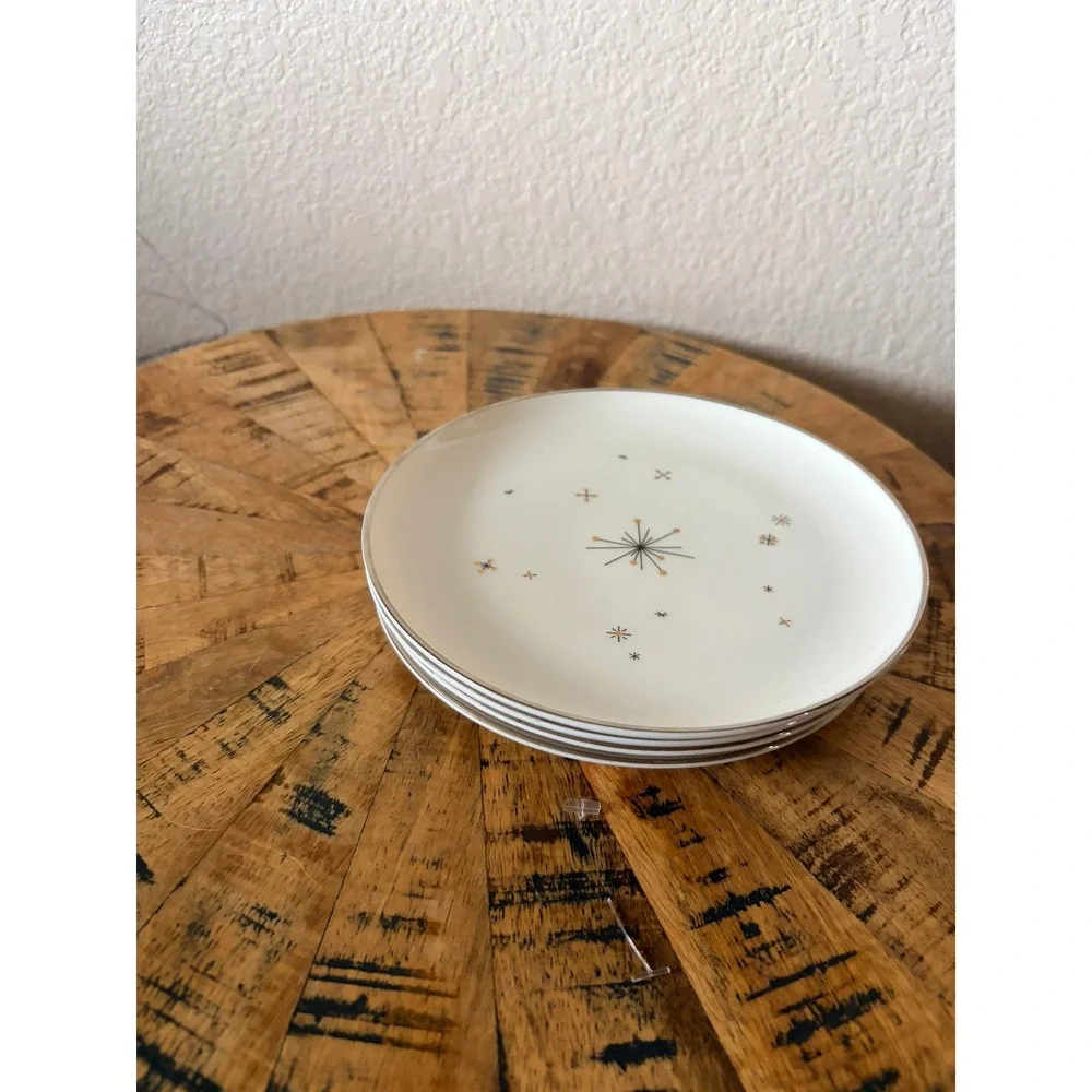 Syracuse China Evening Star Bread Butter Plates Set 4‎ Atomic Starburst MCM 6in